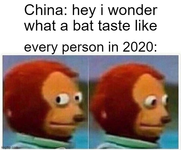 Monkey Puppet | China: hey i wonder what a bat taste like; every person in 2020: | image tagged in memes,monkey puppet | made w/ Imgflip meme maker