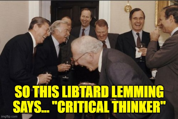 Laughing Men In Suits Meme | SO THIS LIBTARD LEMMING SAYS... "CRITICAL THINKER" | image tagged in memes,laughing men in suits | made w/ Imgflip meme maker