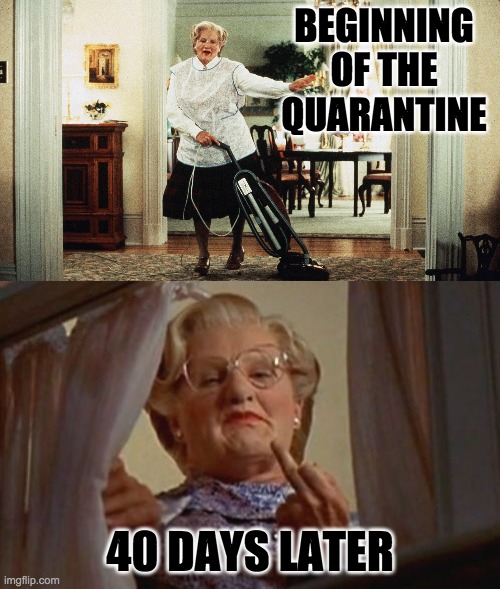 Quarantine | BEGINNING OF THE QUARANTINE; 40 DAYS LATER | image tagged in doubtfire,funny,memes,quarantine,coronavirus,covid-19 | made w/ Imgflip meme maker
