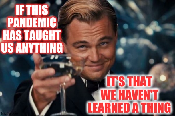 Humans Are Still The Biggest Threat | IF THIS PANDEMIC HAS TAUGHT US ANYTHING; IT'S THAT WE HAVEN'T LEARNED A THING | image tagged in memes,leonardo dicaprio cheers,covid-19,coronavirus,pandemic,special kind of stupid | made w/ Imgflip meme maker