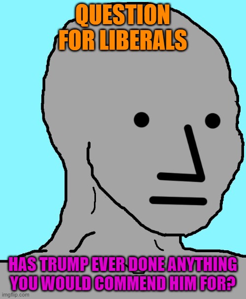 NPC Meme | QUESTION FOR LIBERALS HAS TRUMP EVER DONE ANYTHING YOU WOULD COMMEND HIM FOR? | image tagged in memes,npc | made w/ Imgflip meme maker