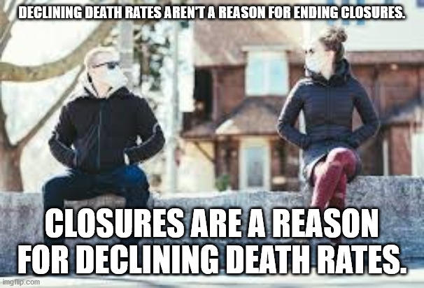 closures are a reason for declining death rates | DECLINING DEATH RATES AREN'T A REASON FOR ENDING CLOSURES. CLOSURES ARE A REASON FOR DECLINING DEATH RATES. | image tagged in covid-19,lockdown | made w/ Imgflip meme maker