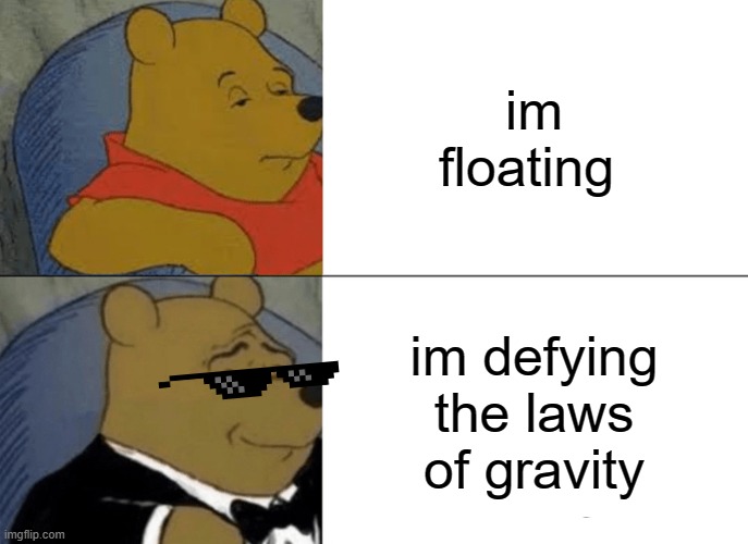 defying the laws of gravity | im floating; im defying the laws of gravity | image tagged in memes,tuxedo winnie the pooh | made w/ Imgflip meme maker