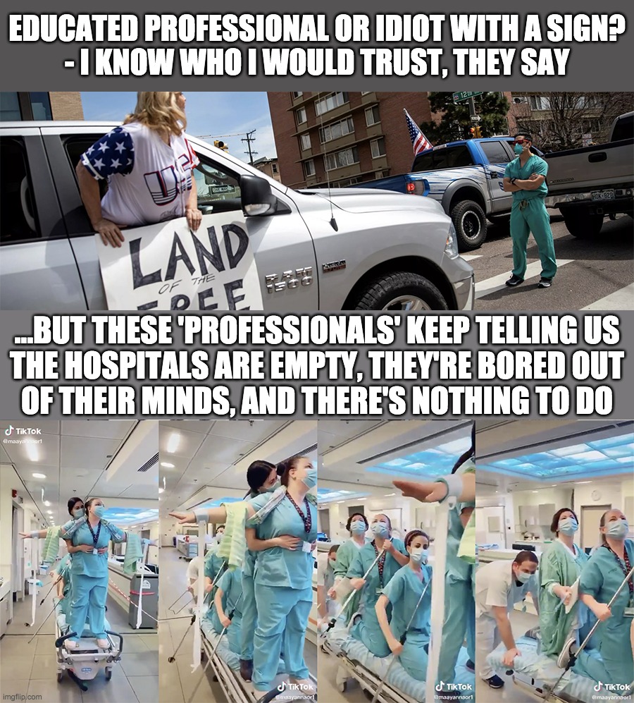 Fakedemic | EDUCATED PROFESSIONAL OR IDIOT WITH A SIGN?
- I KNOW WHO I WOULD TRUST, THEY SAY; ...BUT THESE 'PROFESSIONALS' KEEP TELLING US
THE HOSPITALS ARE EMPTY, THEY'RE BORED OUT
OF THEIR MINDS, AND THERE'S NOTHING TO DO | image tagged in coronavirus,anti-lockdown | made w/ Imgflip meme maker