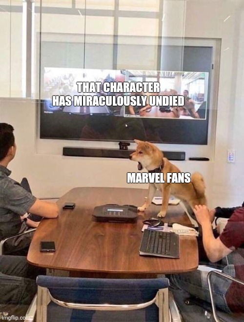 Marvel deaths be like | THAT CHARACTER HAS MIRACULOUSLY UNDIED; MARVEL FANS | image tagged in shocked office dog | made w/ Imgflip meme maker
