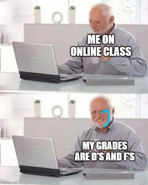 Hide the Pain Harold | ME ON ONLINE CLASS; MY GRADES ARE D'S AND F'S | image tagged in memes,hide the pain harold | made w/ Imgflip meme maker