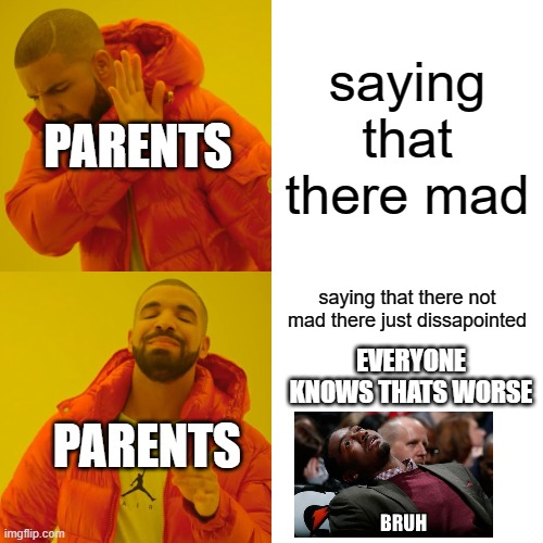 Drake Hotline Bling | saying that there mad; PARENTS; saying that there not mad there just dissapointed; EVERYONE KNOWS THATS WORSE; PARENTS | image tagged in memes,drake hotline bling | made w/ Imgflip meme maker