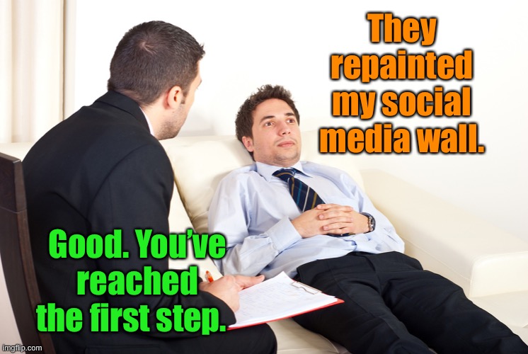Shrink | They repainted my social media wall. Good. You’ve reached the first step. | image tagged in shrink | made w/ Imgflip meme maker