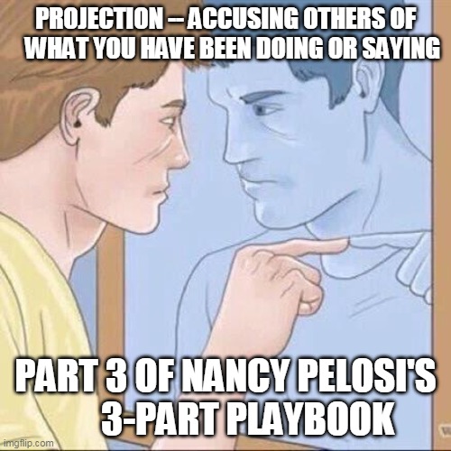 Nancy Pelosi | PROJECTION -- ACCUSING OTHERS OF    WHAT YOU HAVE BEEN DOING OR SAYING; PART 3 OF NANCY PELOSI'S       3-PART PLAYBOOK | image tagged in pointing mirror guy | made w/ Imgflip meme maker