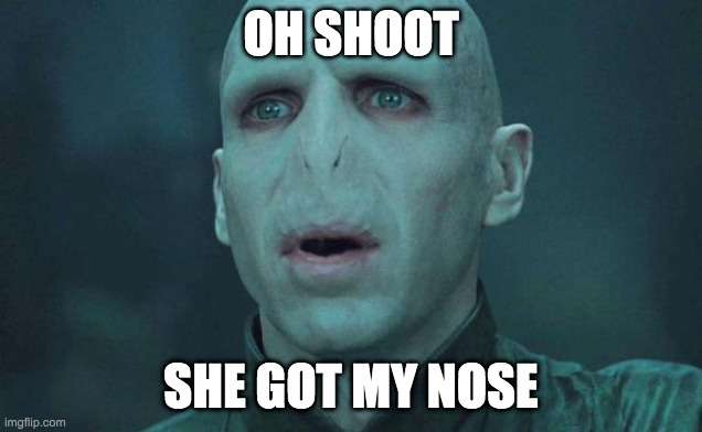 i got your nose ;) | OH SHOOT; SHE GOT MY NOSE | image tagged in voldemort | made w/ Imgflip meme maker