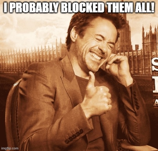 laughing | I PROBABLY BLOCKED THEM ALL! | image tagged in laughing | made w/ Imgflip meme maker