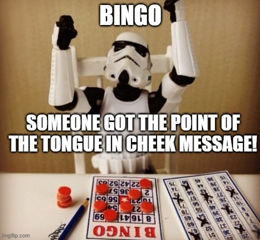 Bingo | BINGO SOMEONE GOT THE POINT OF THE TONGUE IN CHEEK MESSAGE! | image tagged in bingo | made w/ Imgflip meme maker