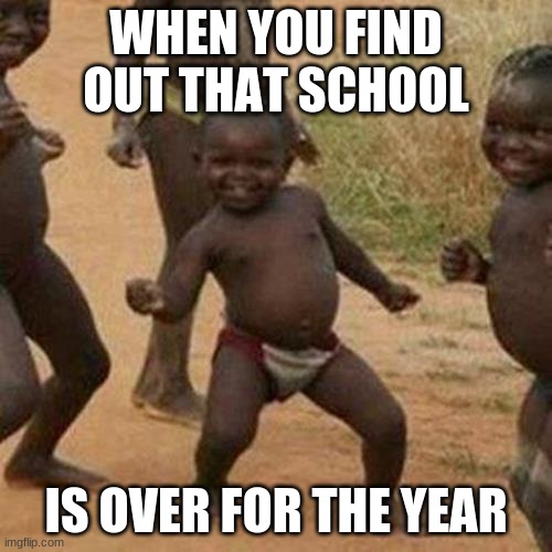 Third World Success Kid Meme | WHEN YOU FIND OUT THAT SCHOOL; IS OVER FOR THE YEAR | image tagged in memes,third world success kid | made w/ Imgflip meme maker