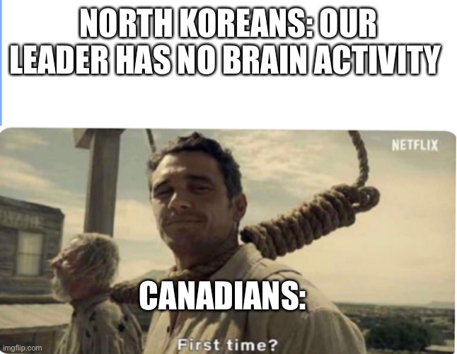 Kim yong | NORTH KOREANS: OUR LEADER HAS NO BRAIN ACTIVITY; CANADIANS: | image tagged in first time,leader | made w/ Imgflip meme maker