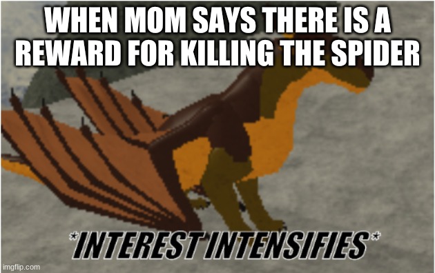 interest intensifies | WHEN MOM SAYS THERE IS A REWARD FOR KILLING THE SPIDER | image tagged in interest intensifies | made w/ Imgflip meme maker