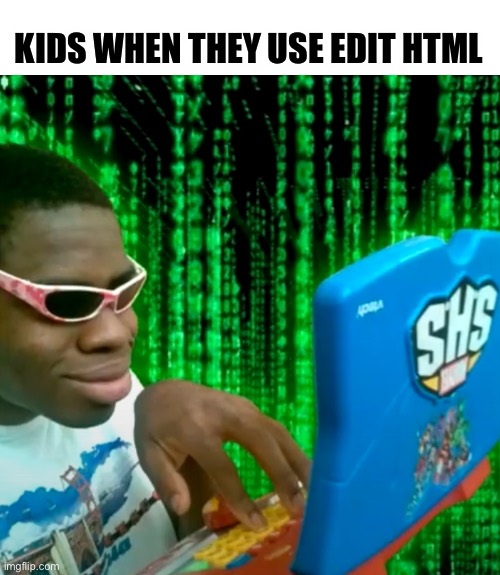 KIDS WHEN THEY USE EDIT HTML | image tagged in kids,hacker,memes,funny,oh wow are you actually reading these tags,stop reading the tags | made w/ Imgflip meme maker