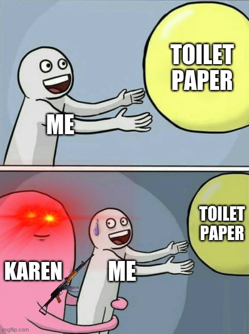 karens | TOILET PAPER; ME; TOILET PAPER; KAREN; ME | image tagged in memes,running away balloon | made w/ Imgflip meme maker