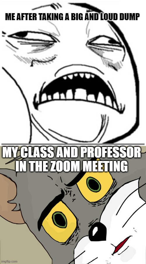 ME AFTER TAKING A BIG AND LOUD DUMP; MY CLASS AND PROFESSOR IN THE ZOOM MEETING | image tagged in memes,unsettled tom,zoom,zoom meeting,quarantine,dump | made w/ Imgflip meme maker