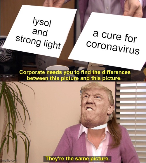 They're The Same Picture Meme | lysol and strong light; a cure for coronavirus | image tagged in memes,they're the same picture | made w/ Imgflip meme maker