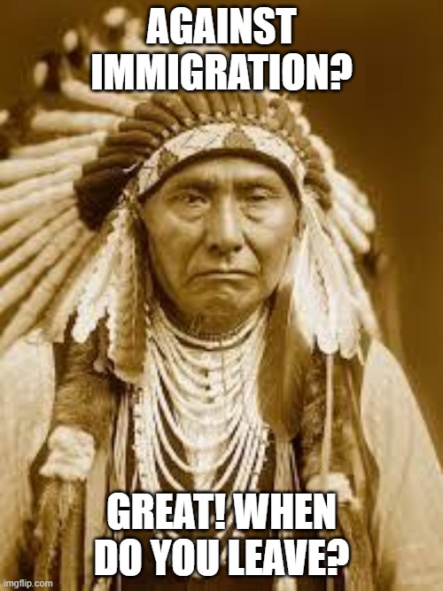 They were here first, so.... | AGAINST IMMIGRATION? GREAT! WHEN DO YOU LEAVE? | image tagged in native american,funny,memes,immigration,native americans | made w/ Imgflip meme maker