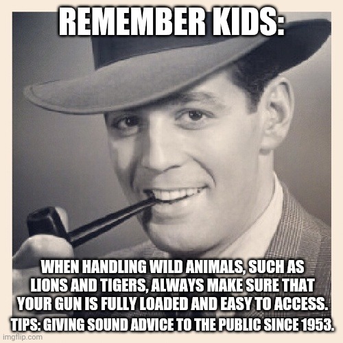 Tips # 20 | REMEMBER KIDS:; WHEN HANDLING WILD ANIMALS, SUCH AS LIONS AND TIGERS, ALWAYS MAKE SURE THAT YOUR GUN IS FULLY LOADED AND EASY TO ACCESS. TIPS: GIVING SOUND ADVICE TO THE PUBLIC SINCE 1953. | image tagged in advice,funny meme | made w/ Imgflip meme maker