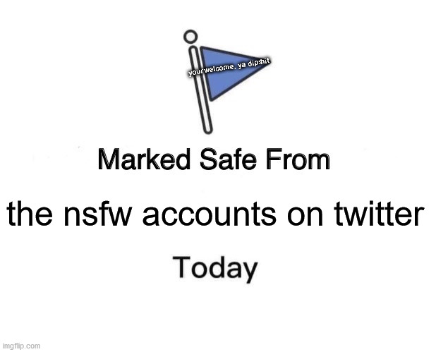 me with this | your welcome, ya dipshit; the nsfw accounts on twitter | image tagged in memes,marked safe from | made w/ Imgflip meme maker