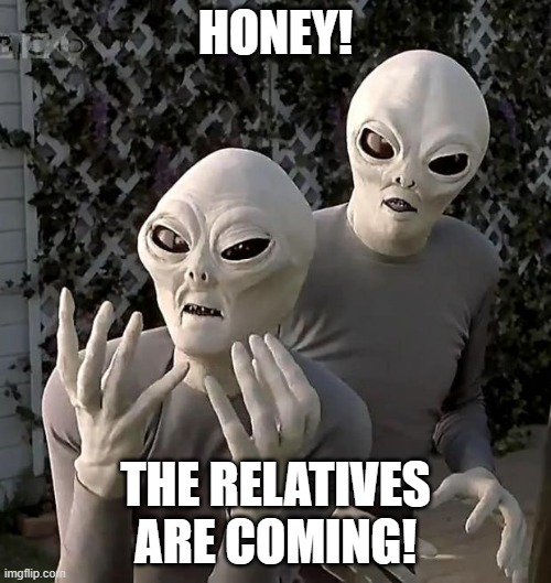 Alien Relatives | HONEY! THE RELATIVES ARE COMING! | image tagged in aliens | made w/ Imgflip meme maker