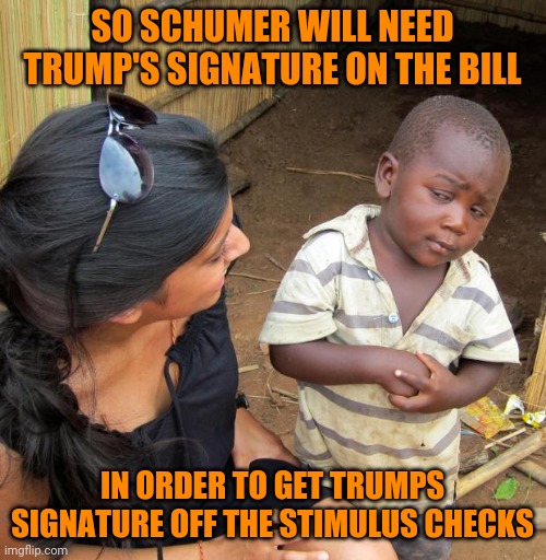 How do you think that's going to end | SO SCHUMER WILL NEED TRUMP'S SIGNATURE ON THE BILL; IN ORDER TO GET TRUMPS SIGNATURE OFF THE STIMULUS CHECKS | image tagged in 3rd world sceptical child,chuck schumer | made w/ Imgflip meme maker