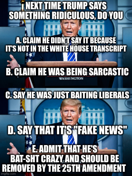 Strategy for conversatives | NEXT TIME TRUMP SAYS SOMETHING RIDICULOUS, DO YOU; A. CLAIM HE DIDN'T SAY IT BECAUSE IT'S NOT IN THE WHITE HOUSE TRANSCRIPT; B. CLAIM HE WAS BEING SARCASTIC; C. SAY HE WAS JUST BAITING LIBERALS; D. SAY THAT IT'S "FAKE NEWS"; E. ADMIT THAT HE'S BAT-SHT CRAZY AND SHOULD BE REMOVED BY THE 25TH AMENDMENT | image tagged in trump,humor,covid-19,press-briefings,25th amendment | made w/ Imgflip meme maker