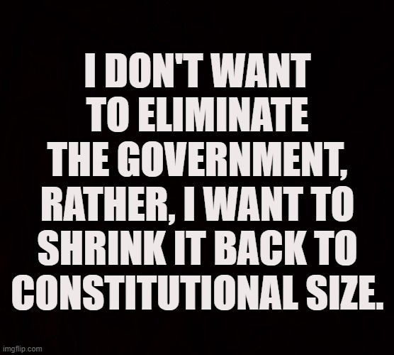 Best Government, is small Government | I DON'T WANT TO ELIMINATE THE GOVERNMENT, RATHER, I WANT TO SHRINK IT BACK TO CONSTITUTIONAL SIZE. | image tagged in government,liberty,tyranny,coronavirus,covid-19,constitution,ConservativeMemes | made w/ Imgflip meme maker