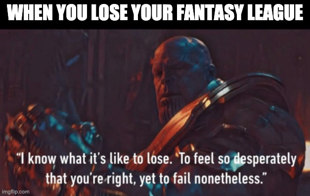Thanos I know what it’s like to lose | WHEN YOU LOSE YOUR FANTASY LEAGUE | image tagged in thanos i know what its like to lose | made w/ Imgflip meme maker