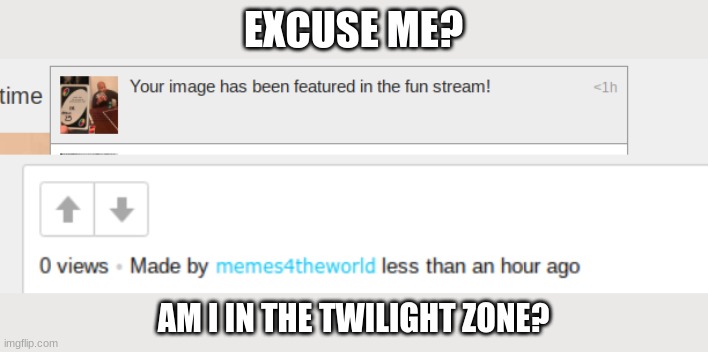 Made it less than an hour ago, received a notification five minutes later. | EXCUSE ME? AM I IN THE TWILIGHT ZONE? | image tagged in memes | made w/ Imgflip meme maker
