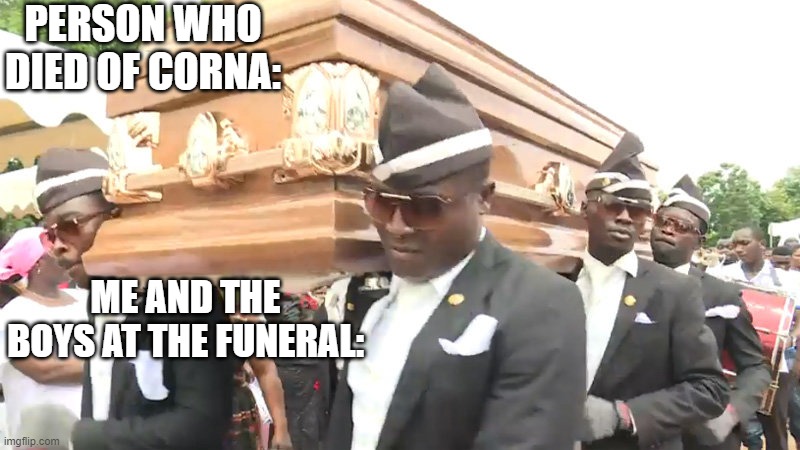 Me and they boys at the funeral | PERSON WHO DIED OF CORNA:; ME AND THE BOYS AT THE FUNERAL: | image tagged in coffin dance,memes | made w/ Imgflip meme maker