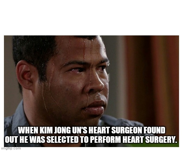 Bet he was a nervous wreck from start to finish. |  WHEN KIM JONG UN'S HEART SURGEON FOUND OUT HE WAS SELECTED TO PERFORM HEART SURGERY. | image tagged in jordan peele sweating | made w/ Imgflip meme maker