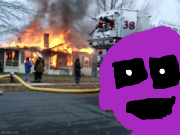 The disaster girl behind the slaughter | image tagged in memes,disaster girl,fnaf,purple guy | made w/ Imgflip meme maker