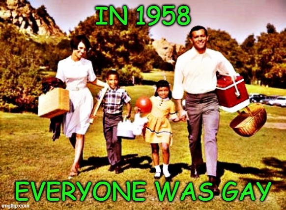 IN 1958; EVERYONE WAS GAY | image tagged in 1950's,1950's family,vintage,retro,picnic fun | made w/ Imgflip meme maker