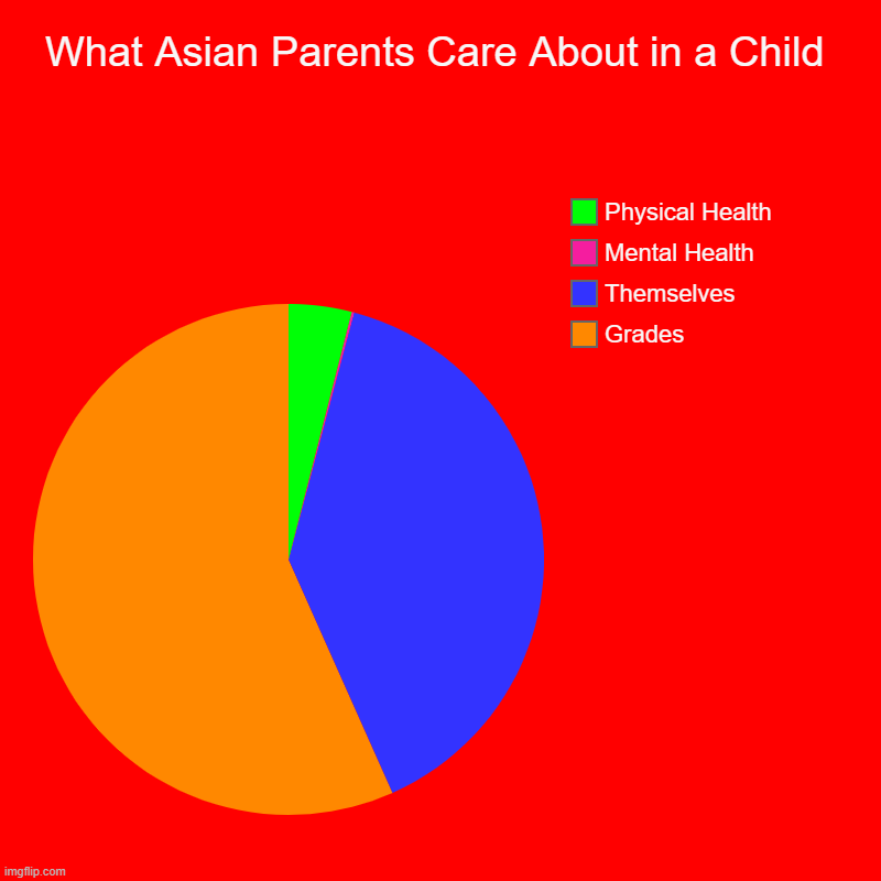 What Asian Parents Care About in a Child | Grades, Themselves, Mental Health, Physical Health | image tagged in charts,pie charts | made w/ Imgflip chart maker