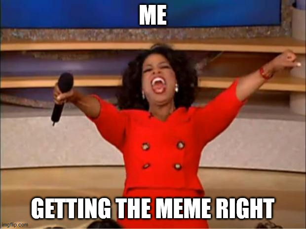 Oprah You Get A | ME; GETTING THE MEME RIGHT | image tagged in memes,oprah you get a | made w/ Imgflip meme maker