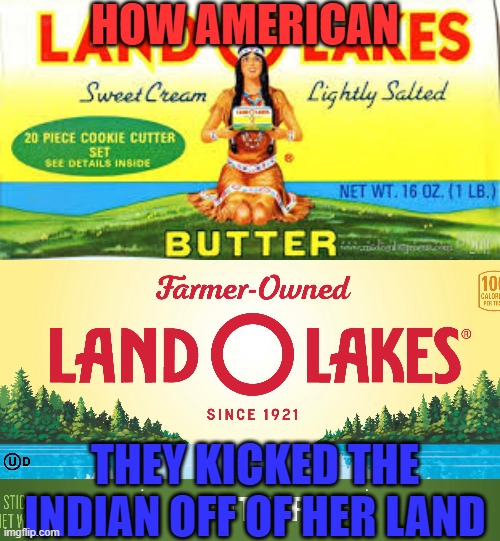 Good Thing People Are Worrying About Important Things During These Trying Times . . . | HOW AMERICAN; THEY KICKED THE INDIAN OFF OF HER LAND | image tagged in land o lakes,trail of tears | made w/ Imgflip meme maker