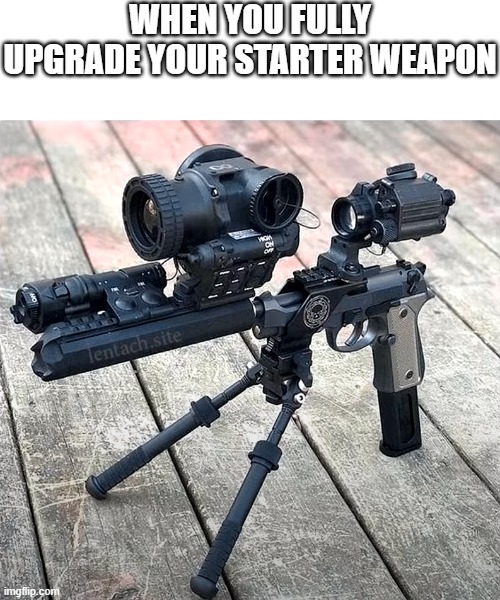 WHEN YOU FULLY UPGRADE YOUR STARTER WEAPON | image tagged in memes | made w/ Imgflip meme maker