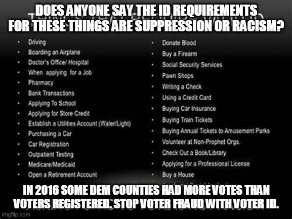 Voter ID | DOES ANYONE SAY THE ID REQUIREMENTS FOR THESE THINGS ARE SUPPRESSION OR RACISM? IN 2016 SOME DEM COUNTIES HAD MORE VOTES THAN VOTERS REGISTERED. STOP VOTER FRAUD WITH VOTER ID. | image tagged in voter fraud | made w/ Imgflip meme maker