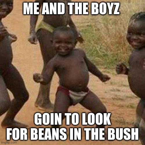 Third World Success Kid Meme | ME AND THE BOYZ; GOIN TO LOOK FOR BEANS IN THE BUSH | image tagged in memes,third world success kid | made w/ Imgflip meme maker