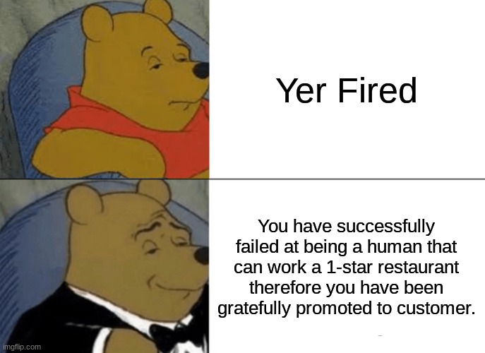 comment if you watch hermitcraft, upvote if you watch grian | Yer Fired; You have successfully failed at being a human that can work a 1-star restaurant therefore you have been gratefully promoted to customer. | image tagged in memes,tuxedo winnie the pooh | made w/ Imgflip meme maker