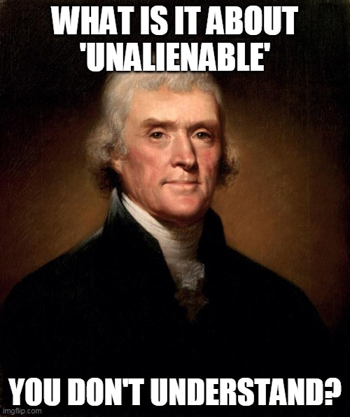 Thomas Jefferson  | WHAT IS IT ABOUT
'UNALIENABLE'; YOU DON'T UNDERSTAND? | image tagged in thomas jefferson | made w/ Imgflip meme maker