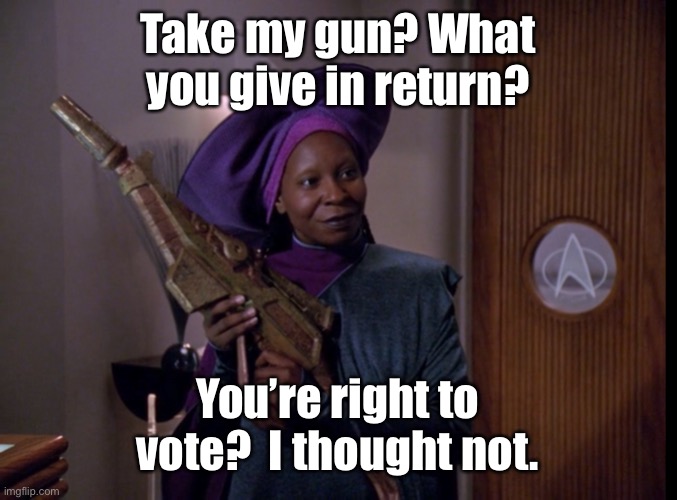 Constitutionally, it’s a fair trade | Take my gun? What you give in return? You’re right to vote?  I thought not. | image tagged in guinan with a rifle,right to bear arms,right to vote,even trade,constitution,guns | made w/ Imgflip meme maker