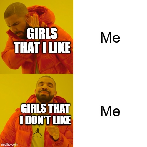 Annoying crushes | Me; GIRLS THAT I LIKE; Me; GIRLS THAT I DON'T LIKE | image tagged in memes,drake hotline bling,crush,girls,annoying | made w/ Imgflip meme maker