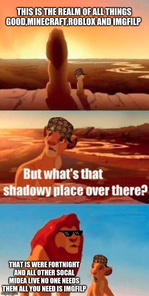 Simba Shadowy Place | THIS IS THE REALM OF ALL THINGS GOOD,MINECRAFT,ROBLOX AND IMGFILP; THAT IS WERE FORTNIGHT AND ALL OTHER SOCAL MIDEA LIVE NO ONE NEEDS THEM ALL YOU NEED IS IMGFILP | image tagged in memes,simba shadowy place | made w/ Imgflip meme maker