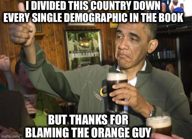 Oh and please go on some more about how sleepy Joe would unite the country | I DIVIDED THIS COUNTRY DOWN EVERY SINGLE DEMOGRAPHIC IN THE BOOK; BUT THANKS FOR BLAMING THE ORANGE GUY | image tagged in obama,president trump,joe biden,democrats,liberal logic | made w/ Imgflip meme maker