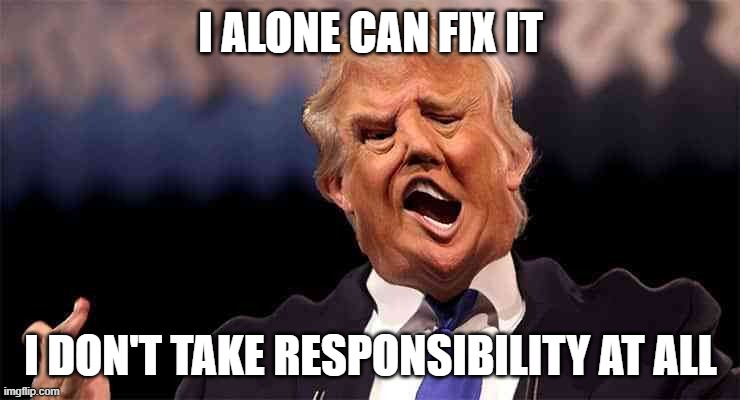Trump between medications | I ALONE CAN FIX IT; I DON'T TAKE RESPONSIBILITY AT ALL | image tagged in trump between medications | made w/ Imgflip meme maker