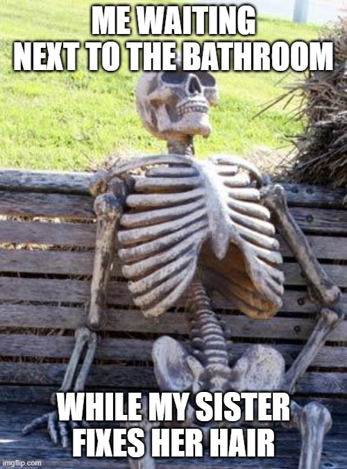 Waiting Skeleton Meme | ME WAITING NEXT TO THE BATHROOM; WHILE MY SISTER FIXES HER HAIR | image tagged in memes,waiting skeleton | made w/ Imgflip meme maker